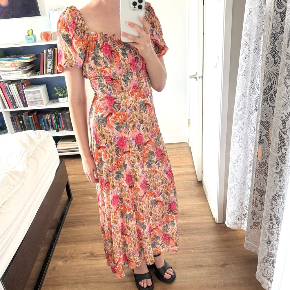 & Other Stories Floral Maxi Skirt Square Neck Milkmaid Dress Slit Bright 36 / S